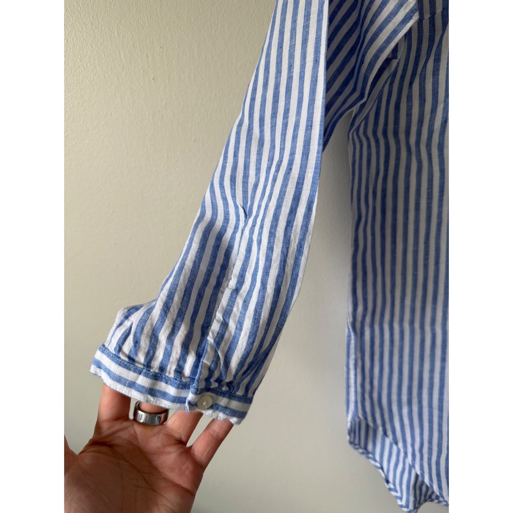 L.L. Bean Linen Tunic Blouse M Blue White Striped Split V-Neck 504808 - Picture 4 of 11